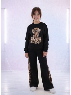 Arya Nisa Kids Kız Çocuk Pamuklu Leopar ve At Kuyruğu Saç Baskılı Uzun Kollu Bol Paça Eşofman Takımı