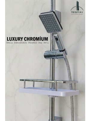 Tesitay Lüks Sürgülü Duş Seti Geniş Şampuanlıklı Banyo Takımı Metalik Renk