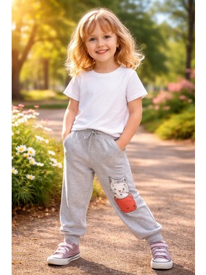 Almira Anne Bebek Kız Çocuk Giyim Spor Takımı Gri Kedi Baskılı 3 Parça Seti