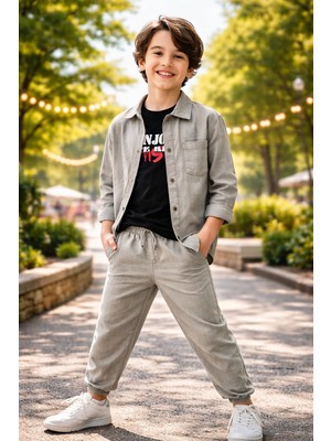 Almira Anne Bebek Erkek Çocuk Keten Takım Haki Renkli Kısa Kollu Gömlek ve Pantolon