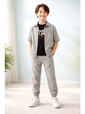 Almira Anne Bebek Yazlık Erkek Çocuk Takım Keten Kısa Kollu Gömlek Pantolon