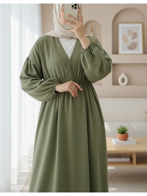 Modamorfo Yakası Bağlamalı Kolu ve Beli Lastikli Müslin Elbise  -Haki