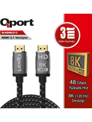 Binbir Göz Bilgisayar Qport Q-HDMI213 HDMI Kablo 3 mt 2.1V 8k Altın Uçlu Örgülü