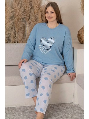 Farya Home Büyük Beden Pamuklu Desenli Uzun Kollu Pijama Takımı