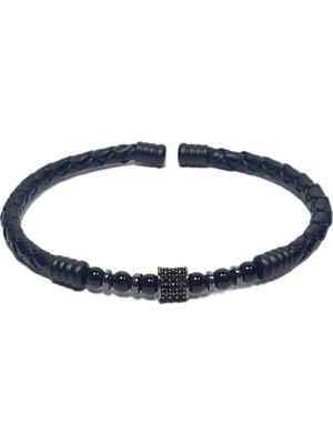 JTSS26BLK1772 Paslanmaz Çelik Bilezik Hakiki Deri Kaplama Zirkon Onyx ve Hematit Doğaltaşlı Garantili Janti Bileklik