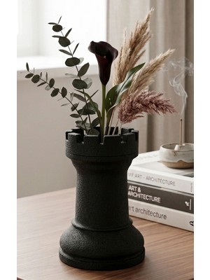 Kale Tasarımlı Dekoratif Vazo – Siyah Satranç Kalesi - Minimalist Ev Dekoru