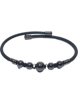 JTSS26BLK1767 Paslanmaz Çelik Bilezik Silikon Kaplama Hematit Doğaltaşlı Garantili Janti Bileklik