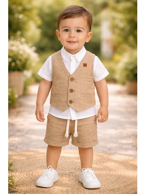Almira Anne Bebek Erkek Çocuk Müslin Kumaş Kısa Kol Gömlek Yelek ve Şort Takımı