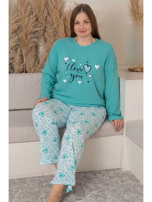 Farya Home Büyük Beden Pamuklu Desenli Uzun Kollu Pijama Takımı