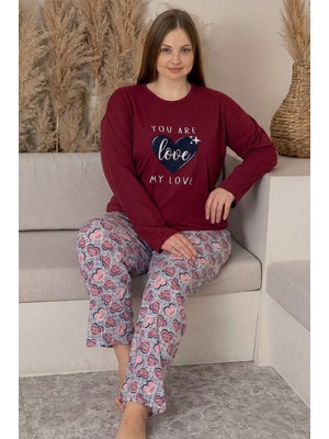 Farya Home Büyük Beden Pamuklu Desenli Uzun Kollu Pijama Takımı