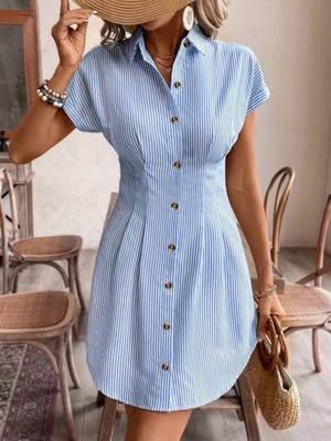 Nnstartshopping  Kadın Kısa Kollu Yakalı Önden Düğmeli Kısa Trikoton Elbise