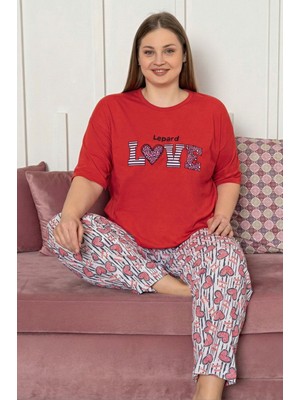 Farya Home Büyük Beden Pamuklu Desenli Kısa Kollu Pijama Takımı