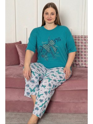 Farya Home Büyük Beden Pamuklu Desenli Kısa Kollu Pijama Takımı