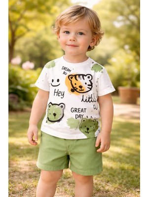 Almira Anne Bebek Erkek Çocuk Kedi Kafa Baskılı Kısa Kollu Şortlu Takım
