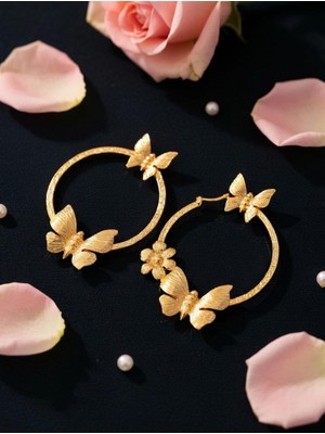 Anka Select Altın Kaplama Kelebek ve Çiçek Detaylı Halka Küpe