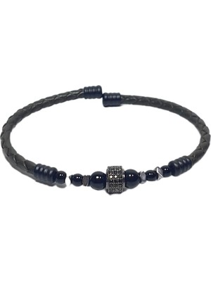 JTSS26BLK1783 Paslanmaz Çelik Bilezik Hakiki Deri Kaplama Zirkon Onyx ve Hematit Doğaltaşlı Garantili Janti Bileklik