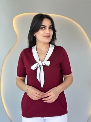 Bizcomoda Kadın Kısa Kollu V Yaka Fular Detay Merserize Triko Bbluz