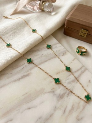 Meneva Aksesuar Yeşil Mineli Minimalist 7’li Yonca Altın Gold Renk Zincirli Paslanmaz Çelik Kolye