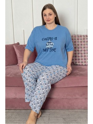 Farya Home Büyük Beden Pamuklu Desenli Kısa Kollu Pijama Takımı