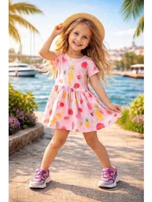 Almira Anne Bebek Yazlık Kız Çocuk Elbise Meyve Desenli Pamuklu Renkli Tasarım