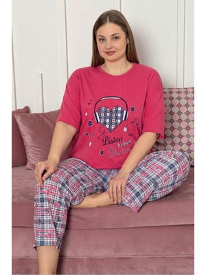 Farya Home Büyük Beden Pamuklu Desenli Kısa Kollu Pijama Takımı