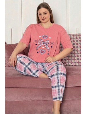 Farya Home Büyük Beden Pamuklu Desenli Kısa Kollu Pijama Takımı