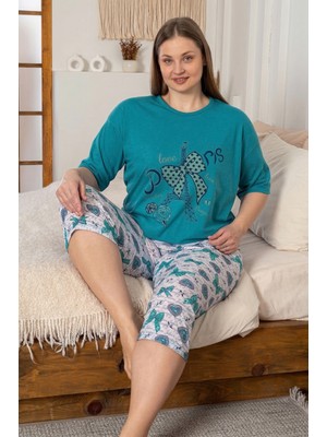 Farya Home Büyük Beden Pamuklu Desenli Kısa Kollu Bermuda Kapri Pijama Takımı