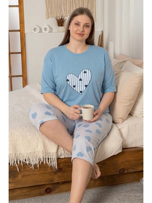 Farya Home Büyük Beden Pamuklu Desenli Kısa Kollu Bermuda Kapri Pijama Takımı