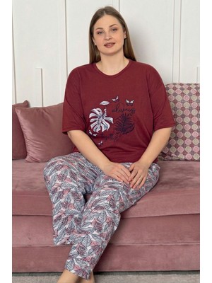 Farya Home Büyük Beden Pamuklu Desenli Kısa Kollu Pijama Takımı