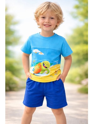 Almira Anne Bebek Çocuklar Için Mavi Kablumbağa Desenli Erkek Takım Seti 12-36 Ay