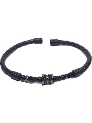 JTSS26BLK1728 Paslanmaz Çelik Bilezik Hakiki Deri Kaplama Zirkon ve Doğaltaşlı Garantili Janti Bileklik