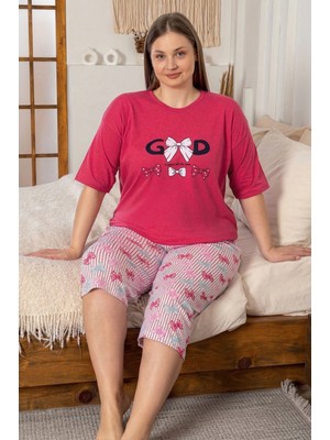 Farya Home Büyük Beden Pamuklu Desenli Kısa Kollu Bermuda Kapri Pijama Takımı