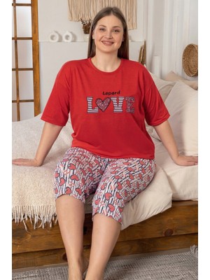 Farya Home Büyük Beden Pamuklu Desenli Kısa Kollu Bermuda Kapri Pijama Takımı