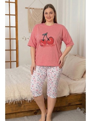 Farya Home Büyük Beden Pamuklu Desenli Kısa Kollu Bermuda Kapri Pijama Takımı