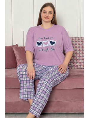 Farya Home Büyük Beden Pamuklu Desenli Kısa Kollu Pijama Takımı