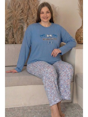 Farya Home Büyük Beden Pamuklu Desenli Uzun Kollu Pijama Takımı