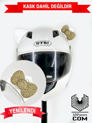 3dpazarıcom Motor & Motosiklet Gold Fiyonklu Beyaz Kedi Kulak Kask Dış Aksesuarı