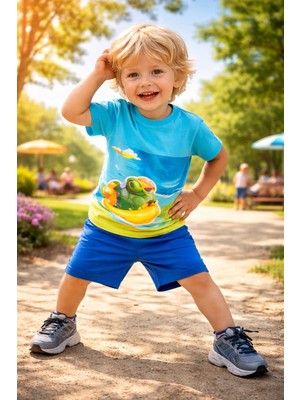 Almira Anne Bebek Yürümeye Başlayan Erkek Çocuklar Için Mavi Kablumbağa Desenli Takım Seti