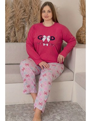Farya Home Büyük Beden Pamuklu Desenli Uzun Kollu Pijama Takımı