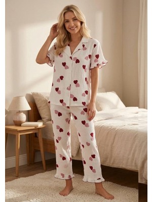 Noches Kadın Kısa Kol Boydan Düğmeli Ince Bürümcük Pijama Takım