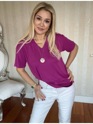 Moda Loris Kadın Kısa Kollu V Yaka Bluz
