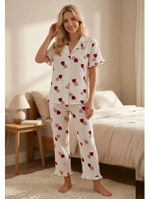 Noches Kadın Kısa Kol Boydan Düğmeli Ince Bürümcük Pijama Takım