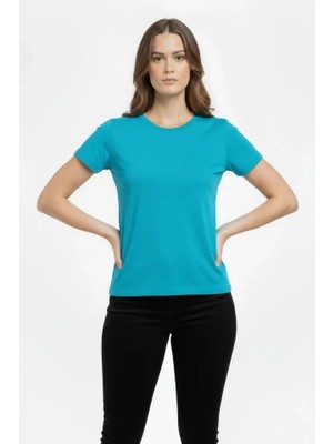 Pusula Sepeti T-Shirt Bisiklet Yaka Slim Fit Likralı Tişört Günlük Basic Body - Turkuvaz