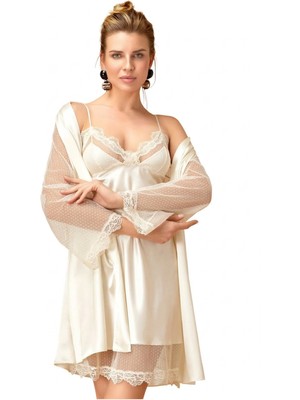 İlkyaz Fashion Ieg™ Dantel Detaylı Saten Gecelik ve Sabahlık Takımı Kimono Set