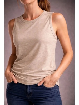 Sidelya Concept Flamlı Kumaş Sıfır Kolsuz Atlet Basic Spor Üst, Günlük ve Fitness Kullanımına Uygun - Taş