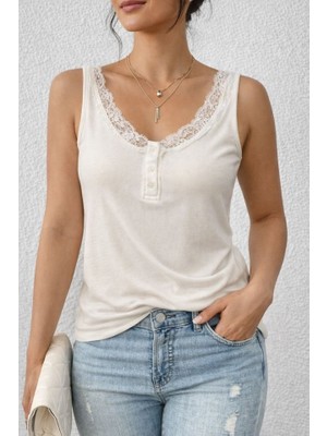 Deridün Yıldız Shoes Kadın Omuz Askılı Dantel Güpür Detay Bluz