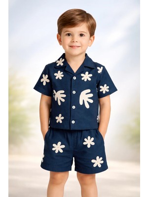 Almira Anne Bebek Bebek Erkek Kısa Kollu Lacivert Takım Yazlık Desenli Gömlekli