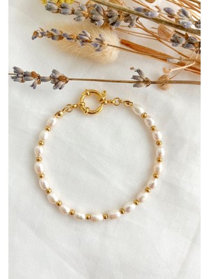 Taşmir Sertifikalı Gerçek Araları Altın Kaplama Detaylı Inci Bileklik - Gemici Kilit