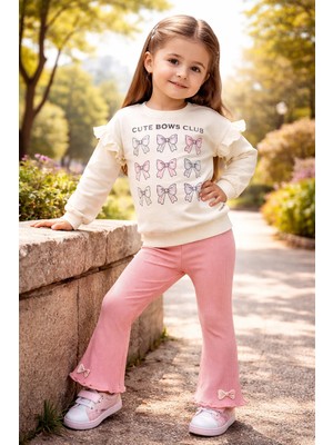 Almira Anne Bebek Kız Çocuk Yazlık Takım Seti - Fiyonk Baskılı Uzun Kollu Tişört ve Tayt