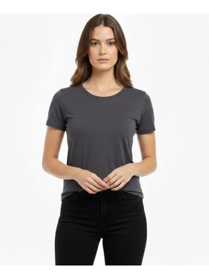Pusula Sepeti T-Shirt Bisiklet Yaka Slim Fit Likralı Tişört Günlük Basic Body - Füme
